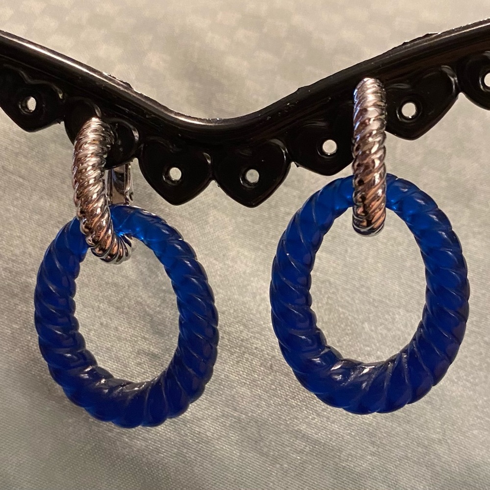 Blue and Silvertone Hoop Clip On Earrings
